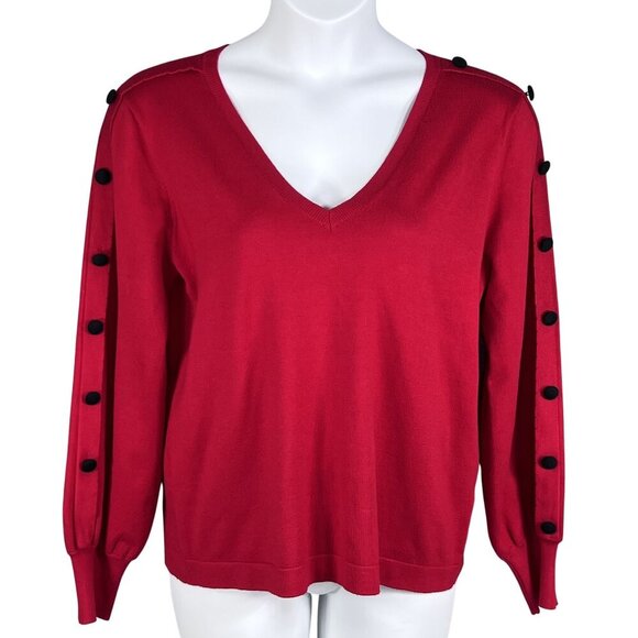 Karl Lagerfeld Paris Women L Red V Neck Sweater Black Button Sleeves Ribbed Trim - Picture 1 of 16